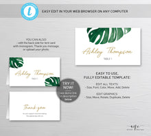 Load image into Gallery viewer, Monstera Place Card Template, Printable Wedding Bridal Escort Card, Editable Name Cards, Beach Tropical Watercolor, Printable, Download 003