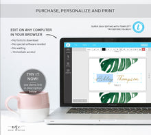 Load image into Gallery viewer, Monstera Place Card Template, Printable Wedding Bridal Escort Card, Editable Name Cards, Beach Tropical Watercolor, Printable, Download 003