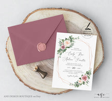 Load image into Gallery viewer, Geometric Eucalyptus Floral Wedding Invitation Set Printable Template, Greenery Mauve Roses Watercolor Artwork, Rose Gold, 100% Editable 007