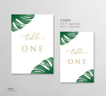 Load image into Gallery viewer, Monstera Table Number Card Template, Tropical Greenery Palm Leaf, Wedding Bridal Table Card 4x6 5x7, Fully Editable, Printable Download 003