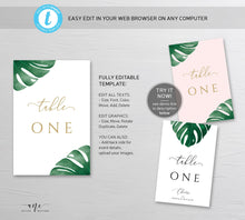 Load image into Gallery viewer, Monstera Table Number Card Template, Tropical Greenery Palm Leaf, Wedding Bridal Table Card 4x6 5x7, Fully Editable, Printable Download 003