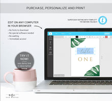 Load image into Gallery viewer, Monstera Table Number Card Template, Tropical Greenery Palm Leaf, Wedding Bridal Table Card 4x6 5x7, Fully Editable, Printable Download 003