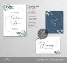 Load image into Gallery viewer, Gold Geometric Eucalyptus Custom Sign Template, Table Sign, Printable Greenery Custom Wedding Signs, Watercolor Artwork, 100% Editable 004
