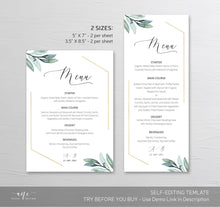 Load image into Gallery viewer, Gold Geometric Wedding Menu Program Template, Boho Eucalyptus Greenery, Printable Dinner Menu Bridal, Original Artwork, 100% Editable, 004