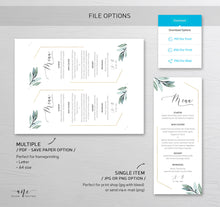 Load image into Gallery viewer, Gold Geometric Wedding Menu Program Template, Boho Eucalyptus Greenery, Printable Dinner Menu Bridal, Original Artwork, 100% Editable, 004