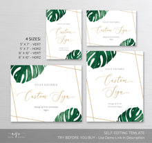 Load image into Gallery viewer, Custom Tropical Monstera Wedding Sign Template, Table Sign, Printable Gold Geometric Green Custom Wedding Signs, 5x7 8x10, 100% Editable 003