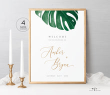 Load image into Gallery viewer, Monstera Wedding Welcome Sign Template, Tropical Greenery Palm Leaf Wedding Signs, Printable Shower Poster, Fully Editable Inst Download 003