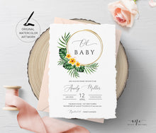 Load image into Gallery viewer, Tropical Palm Leaf Baby / Bridal Shower Invitation Template, Beach Invite, Golden Hoops, Fully Editable, Printable DIY, Instant Download 002