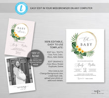 Load image into Gallery viewer, Tropical Palm Leaf Baby / Bridal Shower Invitation Template, Beach Invite, Golden Hoops, Fully Editable, Printable DIY, Instant Download 002