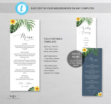 Load image into Gallery viewer, Tropical Plumeria Wedding Menu Template, Editable Printable Dinner Menu, Hawaii Bridal Shower Menu, Beach Palm Leaf Monstera, Download 002