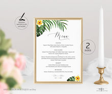Load image into Gallery viewer, Tropical Plumeria Wedding Menu Template, Editable Printable Dinner Menu, Hawaii Bridal Shower Menu, Beach Palm Leaf Monstera, Download 002
