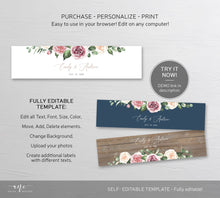 Load image into Gallery viewer, Floral Wedding Water Bottle Label Template, Eucalyptus Greenery Mauve Roses Bridal Shower Favor, Printable Custom 100% Editable Download 007