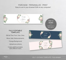 Load image into Gallery viewer, Boho Geometric Wedding Water Bottle Label Template, Eucalyptus Mauve Roses Bridal Shower Favor, Printable Custom, 100% Editable Download 007