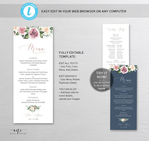 Mauve Blush Roses Wedding Menu Program Template, Boho Eucalyptus Greenery, Rustic Floral Printable Dinner Menu Bridal Shower, Editable 007