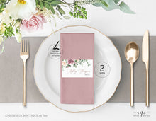 Load image into Gallery viewer, Mauve & Blush Roses Printable Place Card Template, Printable Wedding Bridal Escort Card, Editable Name Cards, Boho Eucalyptus Greenery, 007