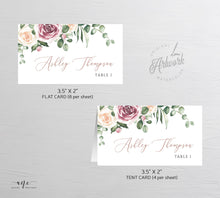 Load image into Gallery viewer, Mauve & Blush Roses Printable Place Card Template, Printable Wedding Bridal Escort Card, Editable Name Cards, Boho Eucalyptus Greenery, 007