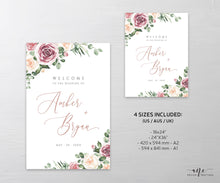 Load image into Gallery viewer, Mauve Floral Wedding Welcome Sign Template, Dusty Roses & Eucalyptus Wedding Signs, Printable Shower Poster, 100% Editable, DIY Download 007