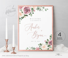 Load image into Gallery viewer, Mauve Floral Wedding Welcome Sign Template, Dusty Roses &amp; Eucalyptus Wedding Signs, Printable Shower Poster, 100% Editable, DIY Download 007
