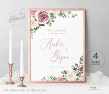 Load image into Gallery viewer, Mauve Floral Wedding Welcome Sign Template, Dusty Roses & Eucalyptus Wedding Signs, Printable Shower Poster, 100% Editable, DIY Download 007