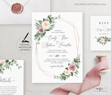 Load image into Gallery viewer, Geometric Eucalyptus Floral Wedding Invitation Set Printable Template, Greenery Mauve Roses Watercolor Artwork, Rose Gold, 100% Editable 007