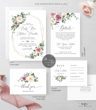 Load image into Gallery viewer, Geometric Eucalyptus Floral Wedding Invitation Set Printable Template, Greenery Mauve Roses Watercolor Artwork, Rose Gold, 100% Editable 007