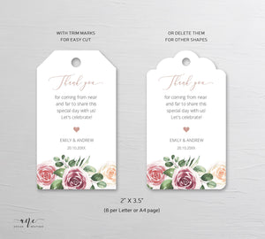 Floral Wedding Favor Tag Template, Mauve Blush Roses Thank You Tag, Bridal Shower Favor, Welcome Bag Label, Editable, Printable Download 007