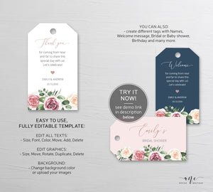 Floral Wedding Favor Tag Template, Mauve Blush Roses Thank You Tag, Bridal Shower Favor, Welcome Bag Label, Editable, Printable Download 007