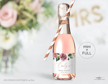Load image into Gallery viewer, Floral Mini & Full Champagne Label Template, Mauve Roses Wedding Bachelorette Bridal Baby Shower Favor Sticker, Fully Editable Printable 007