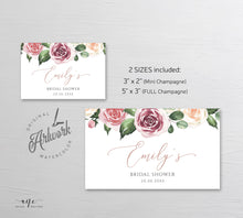 Load image into Gallery viewer, Floral Mini & Full Champagne Label Template, Mauve Roses Wedding Bachelorette Bridal Baby Shower Favor Sticker, Fully Editable Printable 007