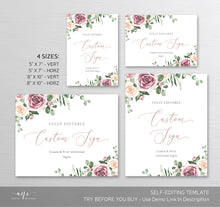 Load image into Gallery viewer, Boho Floral Wedding Sign Template, Eucalyptus Mauve Roses Watercolor Table Sign, Printable Custom Wedding Signs, 5x7 8x10, 100% Editable 007