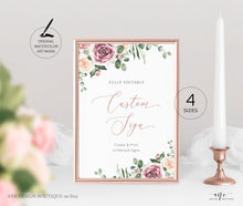 Load image into Gallery viewer, Boho Floral Wedding Sign Template, Eucalyptus Mauve Roses Watercolor Table Sign, Printable Custom Wedding Signs, 5x7 8x10, 100% Editable 007