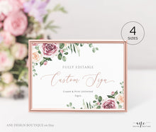 Load image into Gallery viewer, Boho Floral Wedding Sign Template, Eucalyptus Mauve Roses Watercolor Table Sign, Printable Custom Wedding Signs, 5x7 8x10, 100% Editable 007
