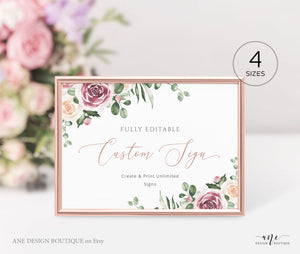 Boho Floral Wedding Sign Template, Eucalyptus Mauve Roses Watercolor Table Sign, Printable Custom Wedding Signs, 5x7 8x10, 100% Editable 007