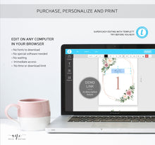 Load image into Gallery viewer, Geometric Boho Table Number Card Template, Eucalyptus, Mauve Roses, Wedding Bridal Table Card 4x6 5x7, 100% Editable, Printable Download 007