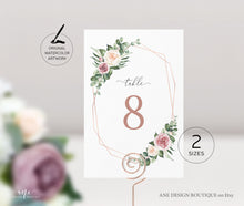 Load image into Gallery viewer, Geometric Boho Table Number Card Template, Eucalyptus, Mauve Roses, Wedding Bridal Table Card 4x6 5x7, 100% Editable, Printable Download 007