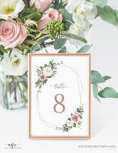 Load image into Gallery viewer, Geometric Boho Table Number Card Template, Eucalyptus, Mauve Roses, Wedding Bridal Table Card 4x6 5x7, 100% Editable, Printable Download 007