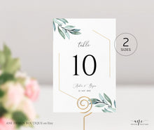 Load image into Gallery viewer, Gold Geometric Table Number Card Template, Eucalyptus Greenery Wedding Table Card 4x6 5x7, Original Artwork, Fully Editable, Printable 004