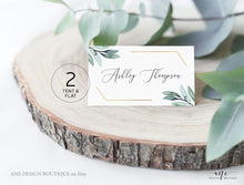 Load image into Gallery viewer, Gold Geometric Place Card Template, Printable Wedding Bridal Escort Card, Editable Name Cards, Boho Eucalyptus Greenery Watercolor, 004