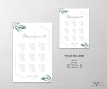 Load image into Gallery viewer, Gold Geometric Eucalyptus Seating Chart Template, Greenery Wedding Seating Sign, Original Artwork, A1, A2, Fully Editable, Printable, 004