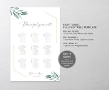Load image into Gallery viewer, Gold Geometric Eucalyptus Seating Chart Template, Greenery Wedding Seating Sign, Original Artwork, A1, A2, Fully Editable, Printable, 004