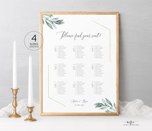 Load image into Gallery viewer, Gold Geometric Eucalyptus Seating Chart Template, Greenery Wedding Seating Sign, Original Artwork, A1, A2, Fully Editable, Printable, 004