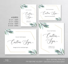 Load image into Gallery viewer, Gold Geometric Eucalyptus Custom Sign Template, Table Sign, Printable Greenery Custom Wedding Signs, Watercolor Artwork, 100% Editable 004
