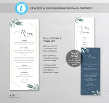 Load image into Gallery viewer, Gold Geometric Wedding Menu Program Template, Boho Eucalyptus Greenery, Printable Dinner Menu Bridal, Original Artwork, 100% Editable, 004