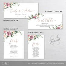 Load image into Gallery viewer, Floral Eucalyptus Seating Chart Template, Table Number Cards, Modern Mauve Roses Wedding Seating Cards, 100% Editable Printable Download 007