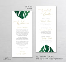 Load image into Gallery viewer, Monstera Welcome Letter Itinerary Template, Tropical Wedding Order of Events Editable Welcome Bag Note, 100% Editable Printable Download 003