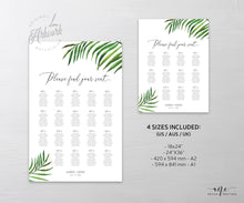 Load image into Gallery viewer, Tropical Beach Seating Chart Template, Greenery Wedding Bridal Sign Table Plan, Palm Leaf Decoration, 100% Editable, A1 A2, Printable 002