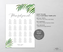 Load image into Gallery viewer, Tropical Beach Seating Chart Template, Greenery Wedding Bridal Sign Table Plan, Palm Leaf Decoration, 100% Editable, A1 A2, Printable 002