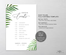 Load image into Gallery viewer, Tropical Wedding Order of Events Sign Template, Palm Leaf Editable Order of Service, Wedding Timeline & Agenda, Ceremony Program Poster, 002