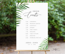 Load image into Gallery viewer, Tropical Wedding Order of Events Sign Template, Palm Leaf Editable Order of Service, Wedding Timeline & Agenda, Ceremony Program Poster, 002