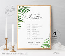 Load image into Gallery viewer, Tropical Wedding Order of Events Sign Template, Palm Leaf Editable Order of Service, Wedding Timeline & Agenda, Ceremony Program Poster, 002